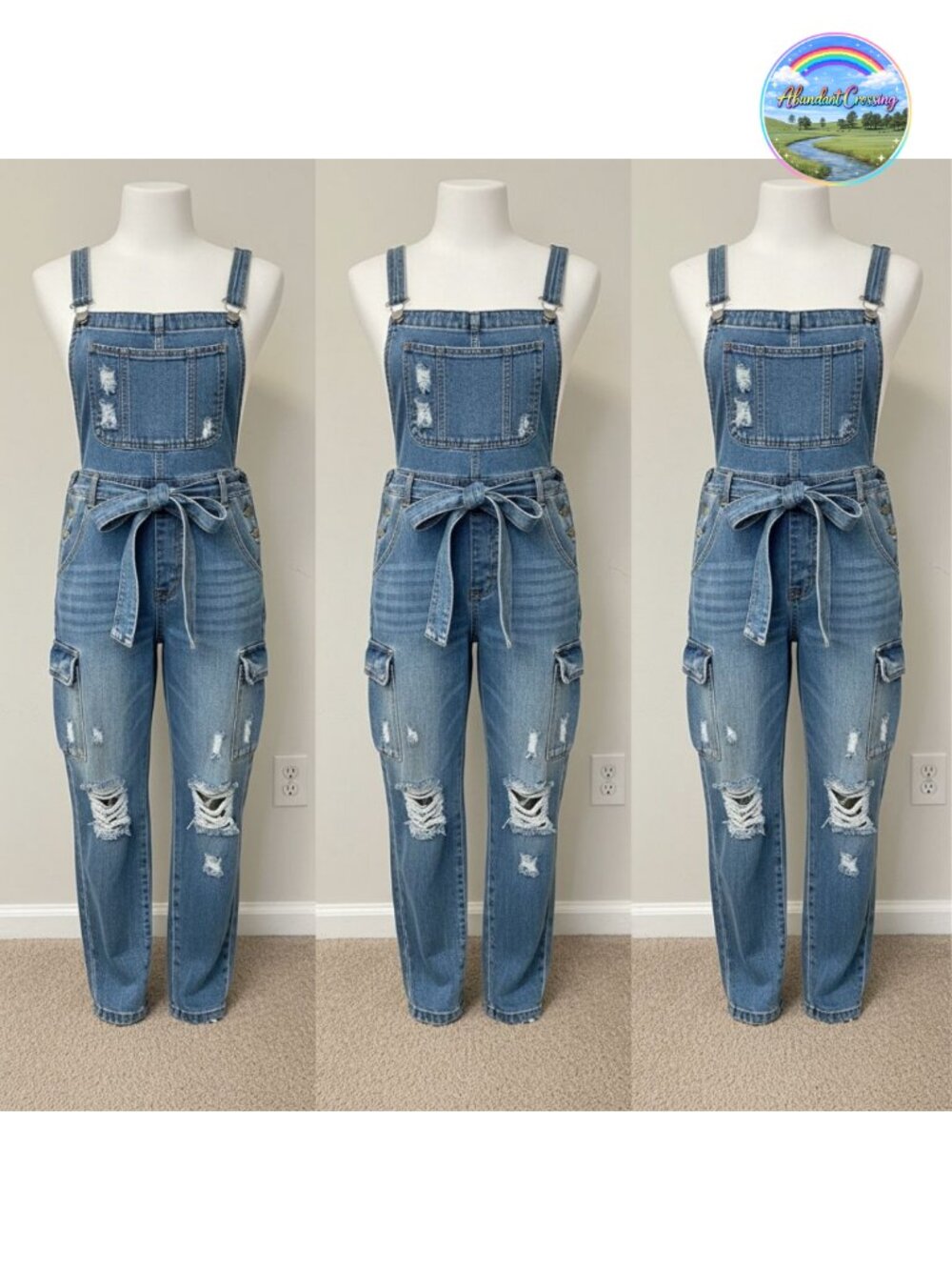 Denim Jumpsuit Halter Wide Leg Ripped Jean Jumpsuit with Belt